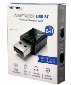 ADAPTADOR USB BLUETOOTH 2EN1 NETMAK NM-BT8 TRANSMISOR Y RECEPTOR DE AUDIO BOX