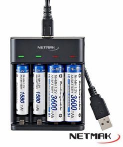 CARGADOR DE PILAS NETMAK NM-CH4 AA AAA 1.2V SLOT 4 PILAS USB RAPIDO CON INDICADOR LED BOX