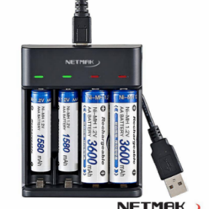 CARGADOR DE PILAS NETMAK NM-CH4 AA AAA 1.2V SLOT 4 PILAS USB RAPIDO CON INDICADOR LED BOX