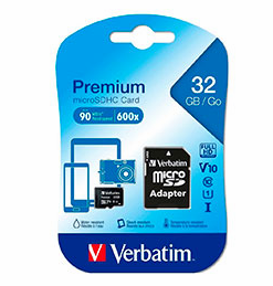 MICROSD 32GB CLASE 10 VERBATIM 600X V10 U1 90MB CON ADAPTADOR A SD 44083
