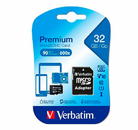 MICROSD 32GB CLASE 10 VERBATIM 600X V10 U1 90MB CON ADAPTADOR A SD 44083