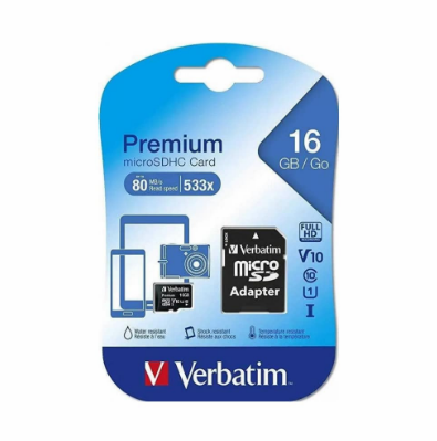 MICROSD 16GB CLASE 10 VERBATIM 533X V10 U1 80MB CON ADAPTADOR A SD 44082