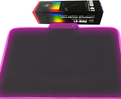 PAD MOUSE RGB-01 CON LUZ NEON 7 MODOS CONFIGURABLES RGB INCLUYE CABLE MICRO USB 1.8MTS FORMATO SPEED BORDES COSIDOS DIMENSIONES 35X25X0.4CM BOX