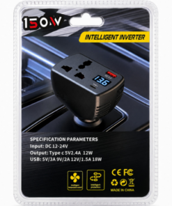 INVERSOR DE CORRIENTE 12V 24V A 220V 1XUSB 1XUSBTIPOC 5V 9V 12V MAX 18W HASTA 150W REAL 30W ENCHUFE UNIVERSAL DISPLAY CON VOLTAJE BLISTER